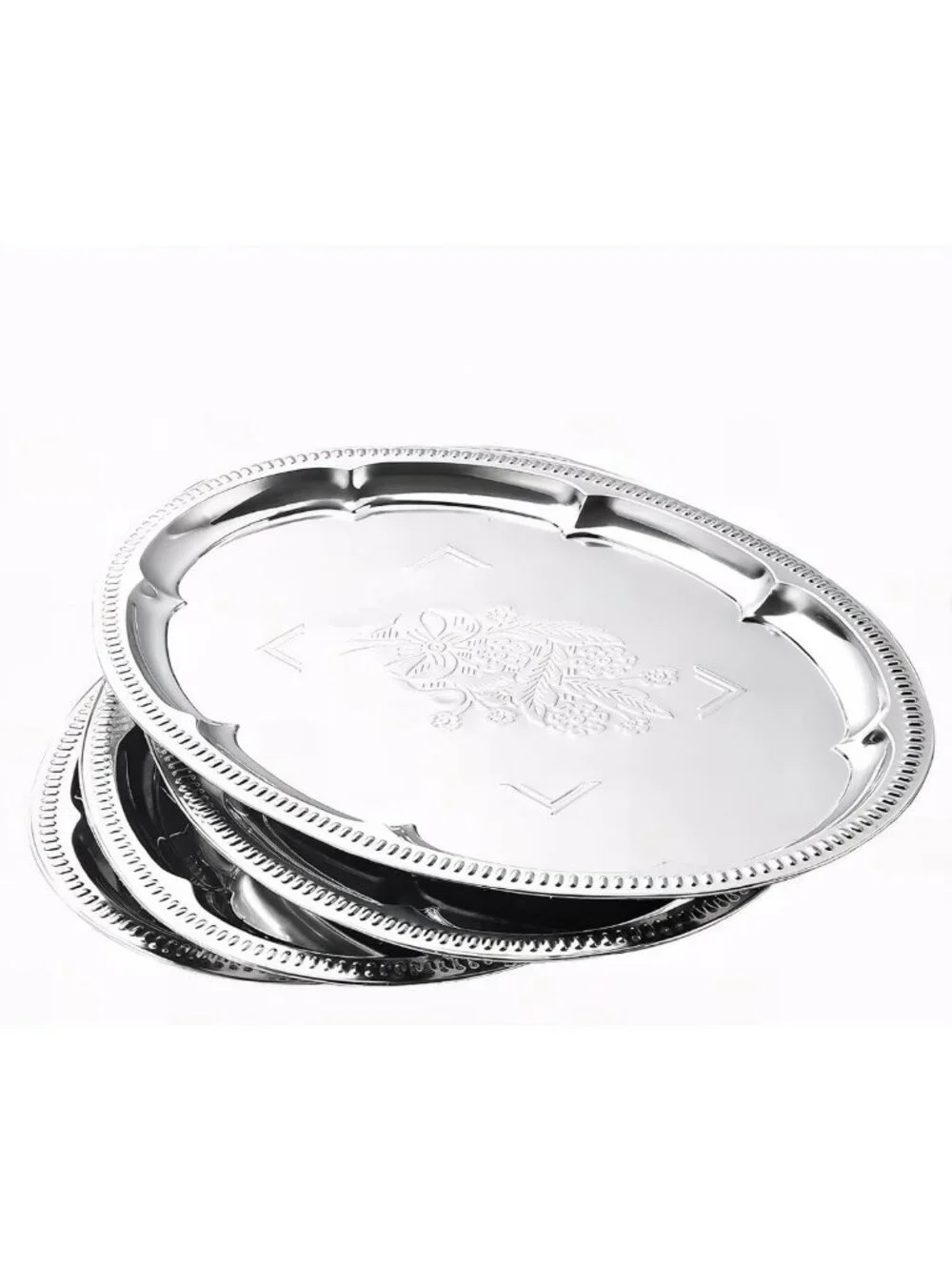 4-Pack Silver Serving Trays - Lightweight Oval Floral Platters for Parties